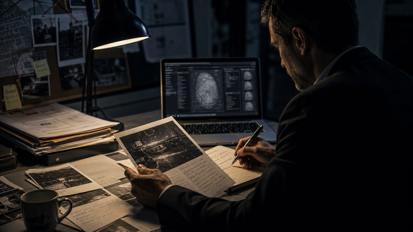 Ambiente investigativo con fascicoli e bacheca